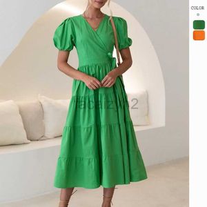 Designer Dress Women's Summer New V-neck Lace up Bubble Sleeve High Waist Dress Women's Dopamine Wearing Long Skirt Plus size Dresses