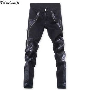Men's Pants YASUGUOJI New 2024 Punk Style Fashion Slim Fit Pu Leather Patch Work Long Zipper Design Tight Jeans Mens Party Clothing Mens Pants J240507