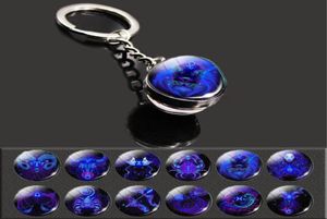 Party Favor 12 Constellation Time Gem Key Pendant DoubleDed Glass Ball Metal Key Charm Wedding Keyring Chain Buckle Birthday VA3036107