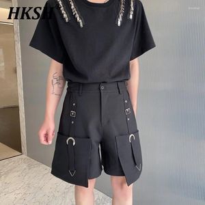 Shorts masculinos hksh high wistwearwearwear maré chique primavera verão emagrece calças casuais na altura do joelho escuro punk moda hk1015