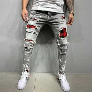 Men's Jeans Mens Ripped Skinny jeans Patchwork Grid Stretch Casual Denim pencil Pants Man Fashion paint painting Jogging Trousers male Y240507
