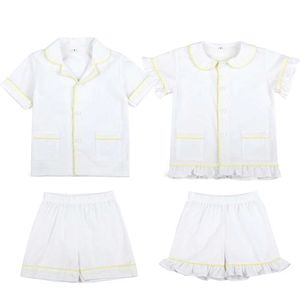 Pyjamas Summer Baby Apparel White Seersucker 100% Cotton Short Sleeve Childrens Pyjamas Set Sisters Matching Pleated Boys and Girls Pajamasl2405