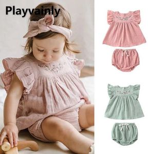 Zestawy odzieży nowe letnia dziewczynka księżniczka Zestaw Różowy zielony haft okrągły kołnierz Top Top+Chleb Shorts Niemowlę 2PCS H240507