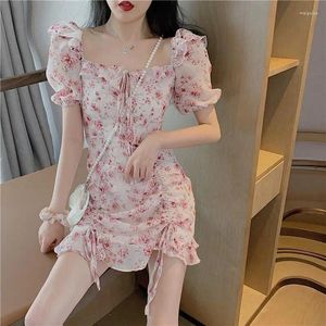 Casual klänningar kvinnor kvinnors sommar blommor veckad ruffled klänning vestido de mujer femme mantel