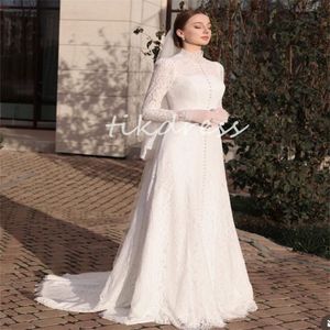 Prenses Beyaz Fulllace Gelinlik 2024 Yüksek Boyun Uzun Kollu Yunan Ülke Açık Gelin Gowns Düğmesi Korse Boho Sivil Düğün Elbise De Novias Yeni