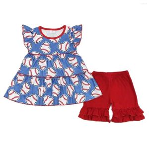 Clothing Sets Wholesale Boutique Baby Girl Set Toddler Ball Short Sleeves Baseball Hearts Tunic Kids Ruffle Red Shorts Children Summer