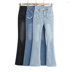 Kvinnors jeans 2024Zar Spring/Summer Retro High midja framfickan trasig kant Vit något långa byxor