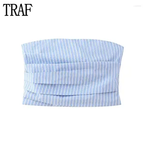 Women's Tanks Blue Striped Crop Top Women Off Shoulder Ruched Tops For Sexy Backless Tube Female Streetwear Bustier Woman