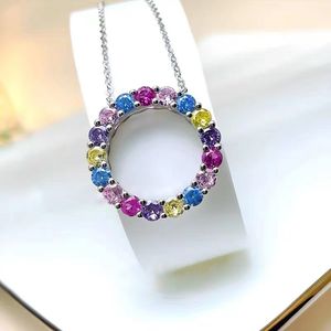 INS Sparkling Circle Pendant Luxury Jewelry 925 Sterling Silver Fill Multi Color 5a Cubic Zircon Cz Diamond GemStone Party Women Wedding Beach Clavicle Necklace
