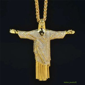 Gold Jesus Kristus Releemer Cross Pendant Halsband Guld Sier Plated Hip Hip Hop Bling smyckespresent