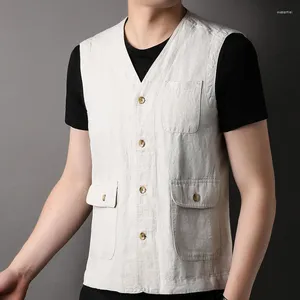 남성 조끼 52% 린넨 48%면 재킷 남자를위한 면화 재킷 민소매 캐주얼 정장 mmale Summer Beach Prom Vest Beige Waistcoat 주머니 통기성