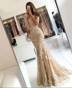 New Evening Dresses Formal Prom Party Gown Mermaid Scoop With Half Sleeve Floor-Length Sweep Train Applique Lace Tulle long Backless BC18784