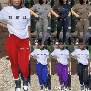 Womens Silm Pants Passar Designer Två stycken Jogger Set Nya bokstäver Tryckt Kort ärm Sexiga mode Tights Suits 7 Färger