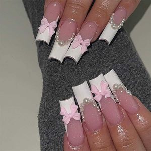 False Nails 24st Butterfly False Nails Long Ballet With Rhinestones Pearls French Design Wearable Fake Nails Press On Nails Tips Art T240507