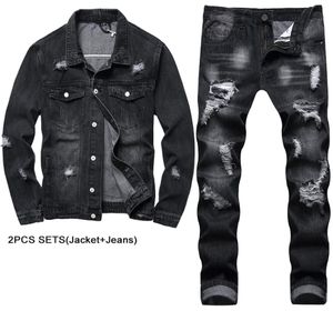 Black Multiple Ripped Men039S 2 Pieces Set Personlighet Truck Tracksuits Motorcykel Löst denimjacka Matchande Slim Fit Straig5132062