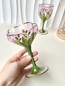 Wine Glasses Austria Vintage Hand Painted Champagne Cup Crystal Glass Red Pink Ice Cream Bowl Flower Goblet