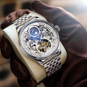 Armbanduhr Tourbillon Hollow Automatic Mechanical Watch Men's Moon Phase Funktion Business Washington Leuchten im Dunkeln