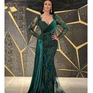 Mermaid Dark Green Prom Dresses Princess V Neck Long Sleeves Appliques Sequins Beads Satin Lace Ruffles Sexy Floor Length Party Gowns Plus Size Custom Made 0431