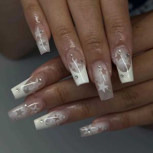 False Nails 24pcs White French False Nails y2k White Star Ballerina Coffin Press on Nails Detchable Full Cover Fake Nails Tips For Girls T240507