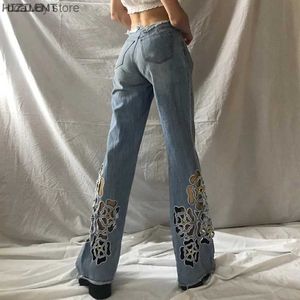 Jeans femminile 2024 Floral Hollol Out Fashion Denim Pantaloni da donna Strtwear Grunge Pants Y2K Flare Nappa abbigliamento vintage H240507