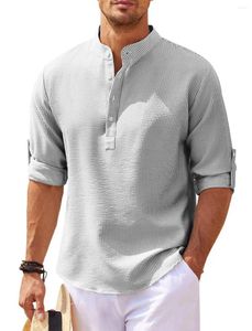Men's Casual Shirts 2024 Loose Shirt Cotton Linen Fashion Outdoor Polo Neck Beach Long Sleeve Solid Hawaiian Holiday