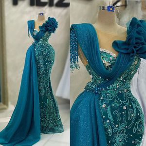 Art Prom Neck Gorgeous Mermaid Dresses Deco-Inspired Pleats Applicants Beads Shining Tulle Floor Length Gown Custom Made Plus Size Party Dress Vestido De Noite