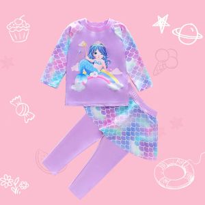 Swimwear 18T Girls Swimwear Two Piece Unicorn Mermaid Print Long Sleeve Rash Guard Full Cover Swim Pants Swimsuit For Girls Bathing Suit