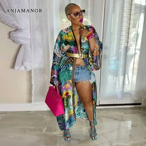 Women's Blouses Shirts ANJAMANOR Fashion Printed Satin Shirts for Women Long Kimono Beach Cover Ups Ladies Blouse Vacation Oversized Cardigan D37-EF30 T240507