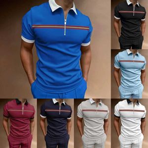 Men's Polos Mens Casual Polo Shirt Solid Color Striped Print POLO Shirts Summer Fashion Bussiness Tops Oversized Blue Mens Clothes T240505