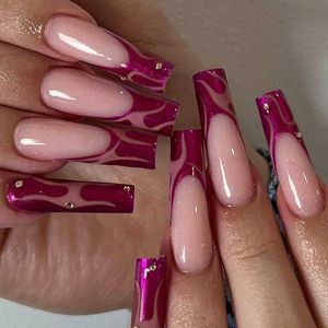 False Nails 24Pcs Long Ballet French False Nails Purple Ripple Design Fake Fingernails with Rhinestone Artificial Coffin Press on Nails T240507