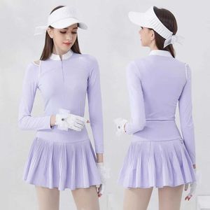 Frauen Tracksuits Frühling Langes Slve T-Shirt Frauen plisderner Rock Set Sommer Slim Purple Tops High Tennis Skort Ladies Set Y240507