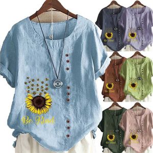 Kvinnors t-shirt Summer Leisure Sunflower Honey Bee Print Loose T-shirt Vintage Cotton Linen O-Neck Plus Size Size Sleeve Womens Topl2405