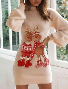 Ninimour Christmas Cute Women Lantern Sleeve Sweater Mini Dress Femme Printed Knitted Fluffy HighNeck Oufits New Year 2104154679342