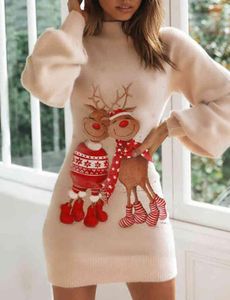 ニニムールクリスマスかわいい女性ランタンスリーブセーターミニドレスファムプリントニットふわふわハイネックoufits新年2104154679342