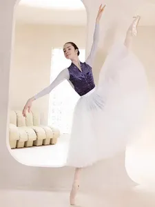 Stage Wear 80 CM Long Professional Ballet Tutu White Black 3 Layers Mesh Adult Ballerina Dance Elastic Waist Expansion Tulle Ball Skirt