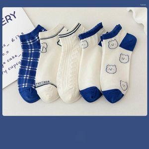 Women Socks 5 Pairs/Lot Summer Short Cool Women's Fashion Flower Blue Set Thin Breathable Cotton 2024