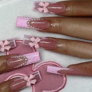 False Nails 24st Long Square False Nails With Bow Rhinestone Design French Fake Nail Wearable Ballet Coffin Full Cover Press On Nails T240507