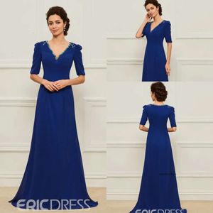 Elegant Ericdress Mermaid Mother of the Bride Dresses V Neck Half Sleeve Wedding Gästklänning Crystal Sweep Train Evening Gown 0431