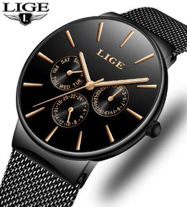 Męskie zegarki Lige Top marka luksusowy wodoodporny ultra cienki zegar daty samiec stalowy pasek swobodny kwarc męski sport