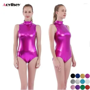 Scenkläder aoylisey kvinnors silver glänsande metalliska dansplekar bodysuits höghals ärmlös enhets spandex leotard gymnastik