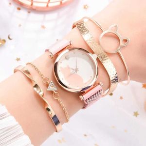 Women's Watches Dropshipping 5pcs/set Women es Rose Gold Bracelet Set Cat Pattern Black Magnet Ladies Wrist es Quartz Clock