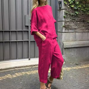 Summer Fashion Solid Color Two piece Set Women Sexy Round Neck Shirt Top Long Pants Casual Loose Two piece Set 2405072