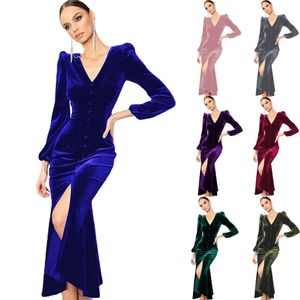 Knitted V-neck padded shoulder long sleeve dress European and American autumn women's intellectual and elegant formal gown AST89124