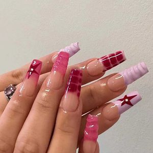 False Nails 24pcs 3D French Red Fake Nails Wearable Five-pointed Star Design Press on Nails Diamond Nail Art Pieces Artificial False Nails T240507