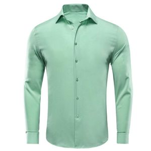 Herrklänningskjortor Hi-Tie Plain Solid Silk Mens Shirts Long Sle Lapel Dress Suit Shirt Shirt Blue Wedding Business Blue Mint Pink Purple Green Grey D240507