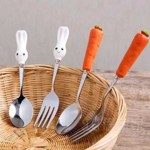 Cups Dishes Utensils 1 cute carrot rabbit handle cutlery childrens feeding baby spoon flat stainless steel baby feeder plug handleL2405