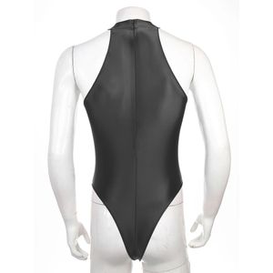 Herrolja glansig ärmlös bodysuit fast färg smidig jumpsuit sexig rygg zip-up leotard högklippta underkläder erotiska underkläder 240506