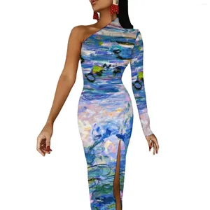 Casual Dresses Purple Floral Design Maxi Dress Long Sleeve Monet Famous Painting Party Bodycon Side Split Retro Graphic Vestido