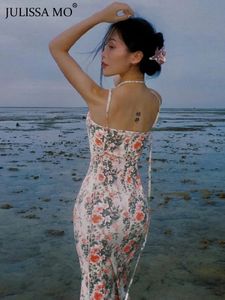 Julissa Mo Elegant Womens Clothing Floral Print Slip Spets upp backless Maxi Dress for Femme Fall Strap Slim Evening Dress 240430