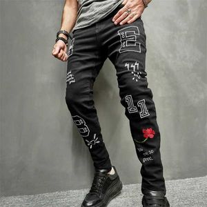 Mäns jeans män stilfulla hiphop broderi mager jeans byxor manlig strt stil smal jogging denim byxor y240507
